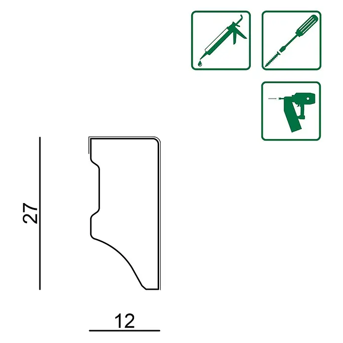 Sockelleiste SF685L1 - 240 x 1,2 x 2,7 cm, Fichte/Kiefer - Abbildung eines Profils mit den Maßen 27 x 12 und Werkzeugsymbolen. Das Profil hat eine markante, geschwungene Form.
