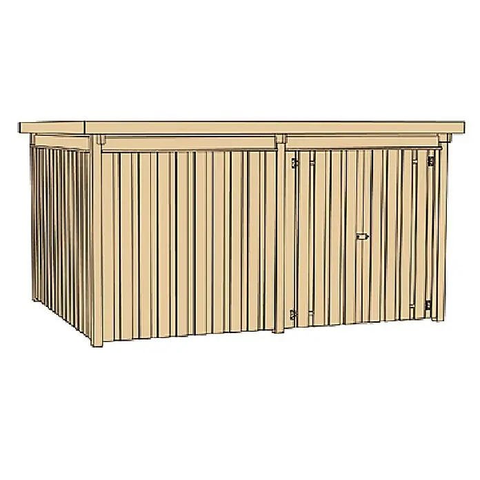 Weka Gerätehaus 607/4 - Außenbreite inkl. Dachüberstand: 408 cm, Außentiefe inkl. Dachüberstand: 318 cm, Holz, Natur - Abbildung eines Gerätehauses aus Holz mit vertikalen Lamellen und einem flachen Dach, ideal für die Gartenaufbewahrung.