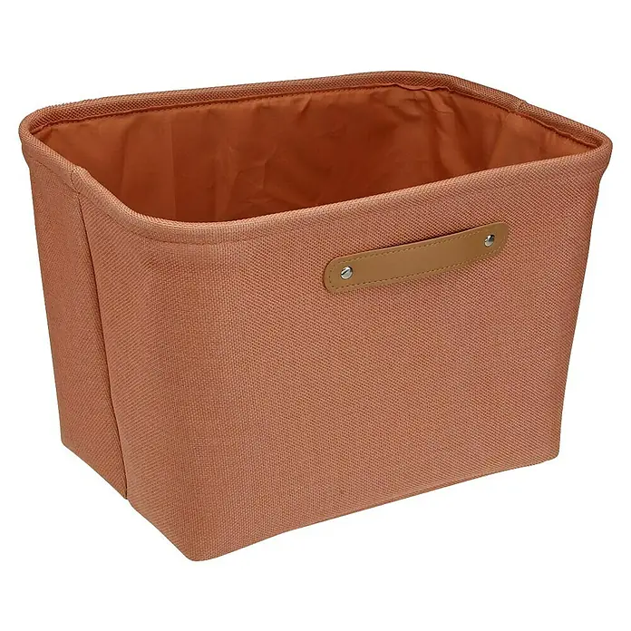 Versa Cesta de tela - L x An x Al: 38 x 26 x 25 cm, Teja - Cesta de almacenamiento cuadrada de tela con asas en un tono marrón cálido, ideal para la organización.
