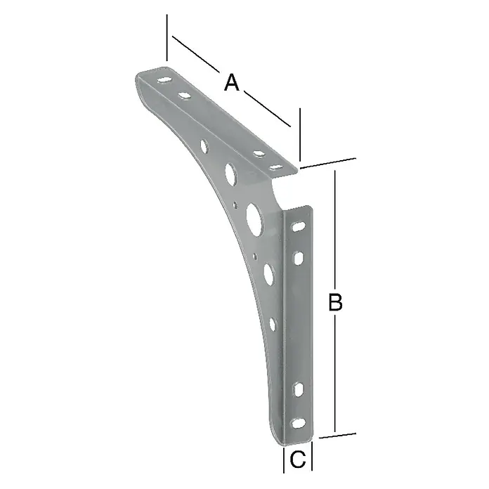 Stabilit Delta Line Konsole - 200 x 24 x 200 mm, Belastbarkeit: 95 kg, Stahl, Weiß/Aluminium - Metallwinkel mit Löchern und den Maßen A, B und C für vielseitige Montageanwendungen.
