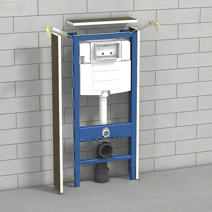 Ultrament Bauplatte Do it - 120 cm x 60 cm x 20 mm - Detailaufnahme eines montierten Spülkastensystems vor einer gefliesten Wand, das die Installation und Funktionalität hervorhebt.