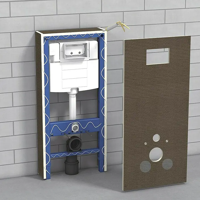 Ultrament Bauplatte Do it - 120 cm x 60 cm x 20 mm - Abbildung eines modernen wandhängenden WC-Systems mit einem blauen Rahmen, einer weißen Zisterne und einer braunen Wandplatte mit Ausschnitten.