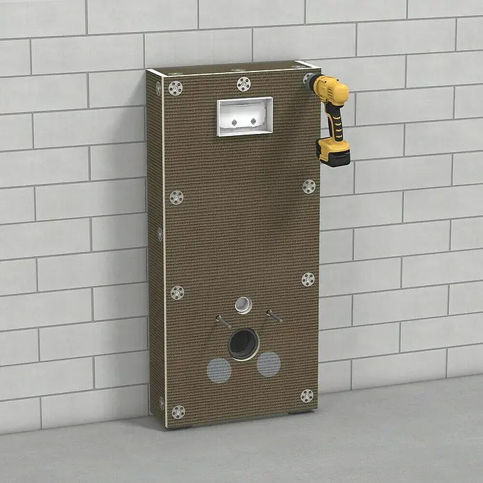 Ultrament Bauplatte Do it - 120 cm x 60 cm x 20 mm - Nahaufnahme eines Montageteils, das mit Werkzeugen an einer Badezimmerwand befestigt wird.