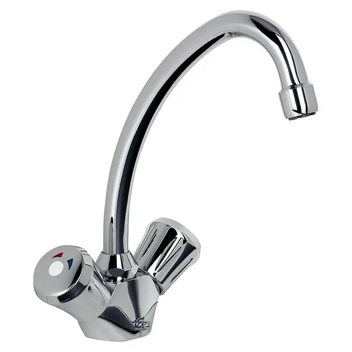 Clage Warmwasserspeicher S5-U/SNT - 5 l, 2.000 W, Temperaturbereich: 30 °C - 85 °C - Ein glänzender Chrom-Wasserhahn mit zwei Griffen, ideal für Küche oder Bad. Das Design ist modern und funktional.