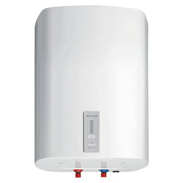 Clage Warmwasserspeicher S30 Smart - 30 l, 2.000 W, Wandmontage - Ein weißer CLAGE EcoSmart Warmwasserbereiter mit einem Display zur Temperaturregelung und Anschlüssen für Warm- und Kaltwasser.