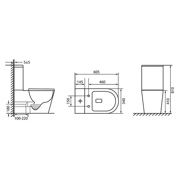 Pack de WC Liena - Sin borde de descarga, Salida WC: Horizontal, Blanco - Diagrama de un inodoro con medidas. Proporciona detalles de instalación y dimensiones para un ajuste correcto en un baño. Ideal para fontaneros.
