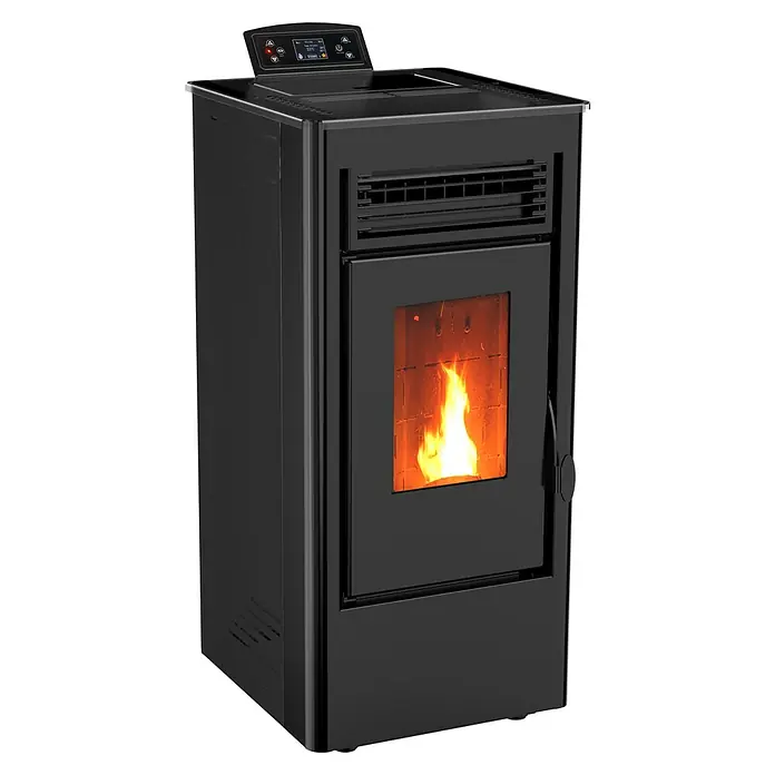 Estufa de pellets Nebula - 8,45 kW - 9 kW, Volumen de calefacción: 180 m³, 1,09 kg/h - 1,66 kg/h, Negro - Estufa de pellets negra con llama visible y control digital, diseñada para una calefacción doméstica eficiente y elegante.