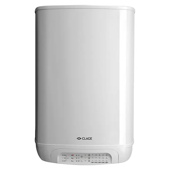 Clage Warmwasserspeicher SX 80 - 80 l, Temperaturbereich: 40 °C - 80 °C, Wandmontage - Ein weißer Clage Warmwasserspeicher mit Bedienfeld unten für die Temperatureinstellung.