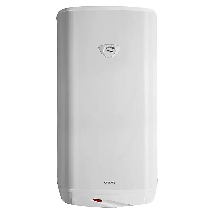 Clage Warmwasserspeicher S 100 - 100 l, 2.000 W, Temperaturbereich: 8 °C - 70 °C, Wandmontage - Ein moderner, weißer Clage Warmwasserspeicher mit Temperaturanzeige und roter Betriebsleuchte für den täglichen Gebrauch.