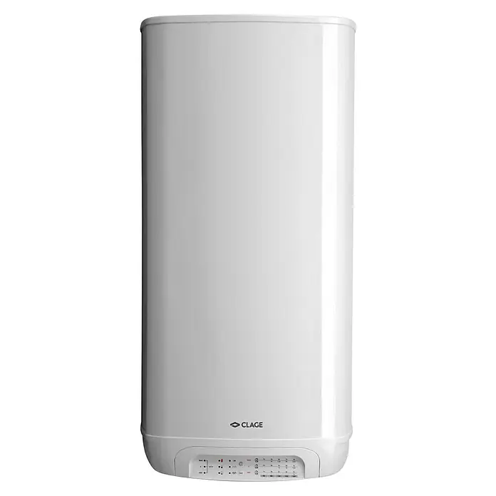 Clage Warmwasserspeicher SX 120 - 120 l, Temperaturbereich: 40 °C - 80 °C, Wandmontage - Das Bild zeigt einen weißen Clage Warmwasserspeicher. Das Gerät ist zylindrisch und verfügt über ein Bedienfeld mit verschiedenen Tasten und Anzeigen.
