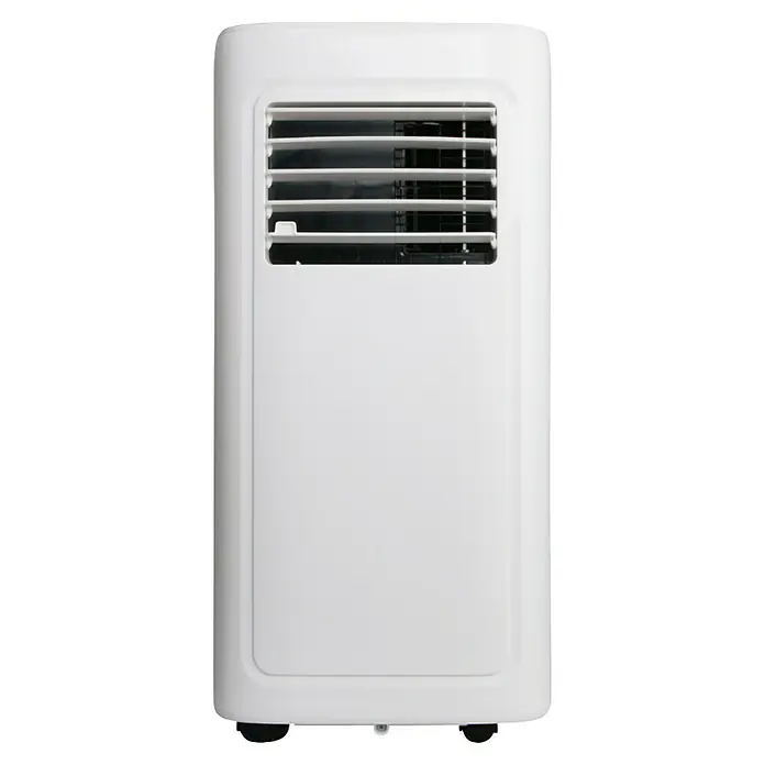 Voltomat Aire acondicionado portátil Boreas - 2.000 W, Tamaño de la estancia: 20 m², Blanco/Negro - Vista frontal de un aire acondicionado portátil blanco. El aparato cuenta con ranuras de ventilación y un diseño elegante.