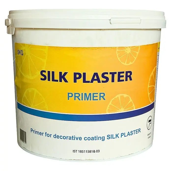 Silk Plaster Imprimación para revestimiento decorativo Piedra Líquida MIXART - 1 l, Transparente - Un cubo de imprimación de yeso de seda, ideal para revestimientos decorativos. Etiqueta amarilla con diseño de limón.