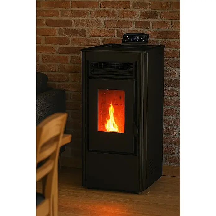 Estufa de pellets Nebula - 8,45 kW - 9 kW, Volumen de calefacción: 180 m³, 1,09 kg/h - 1,66 kg/h, Negro - Primer plano de una estufa de pellets negra con un panel de control en la parte superior y un fuego ardiendo en el interior, irradiando calor.