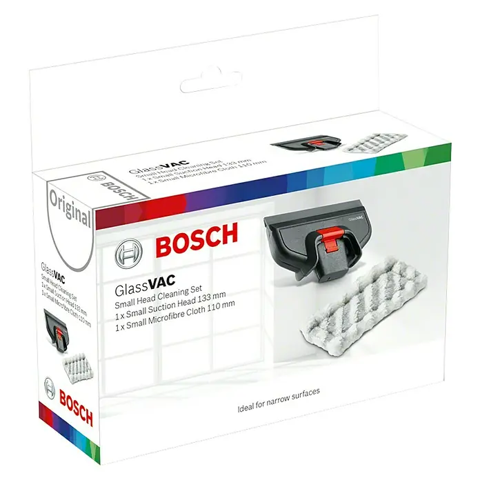 Bosch Reinigungs-Set - Passend für: Bosch Fenstersauger GlassVac, 3 -tlg. - Abbildung der Verpackung für das Bosch GlassVAC Small Head Cleaning Set mit einer kleinen Saugdüse und einem Mikrofasertuch.
