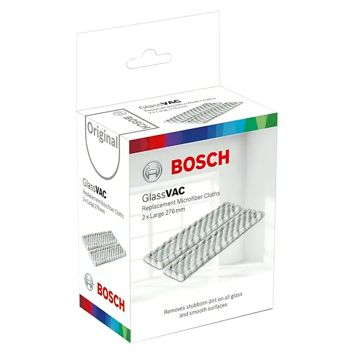 Bosch Reinigungs-Set - Passend für: Bosch Fenstersauger GlassVac, 2 Stk. - Eine Packung Bosch GlassVAC Ersatz-Mikrofasertücher, 2 große Tücher à 276 mm, für streifenfreie Reinigung von Glas und glatten Oberflächen.