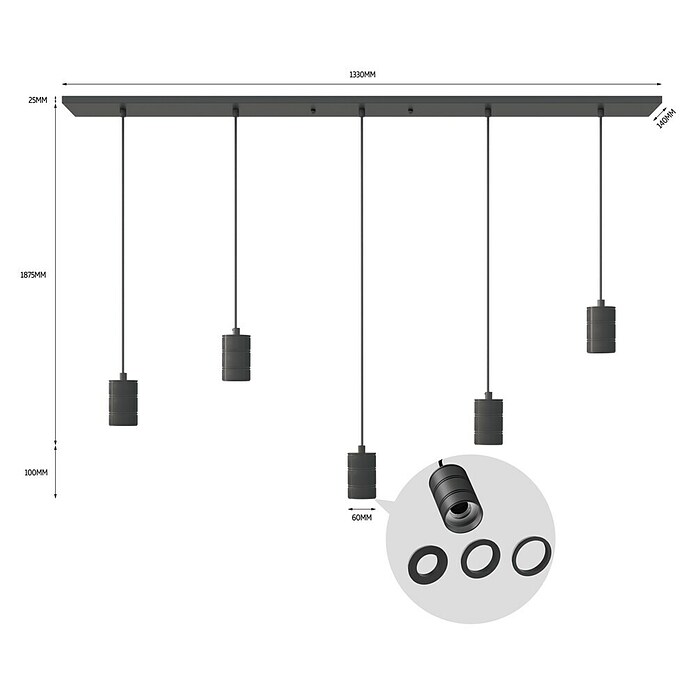 Calex Hanglamp met 5 pendels (l x b x h: 133 x 14 x 2,5 cm, E27) | BAUHAUS
