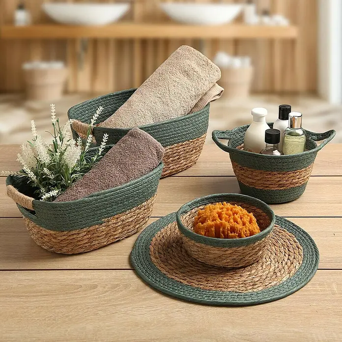 Versa Cesta redonda verde - Ø x Al: 19 x 13 cm, Verde - Juego de cuatro cestas decorativas de cuerda de algodón y algas marinas en varios tamaños. Ideal para guardar accesorios de baño o como almacenamiento.