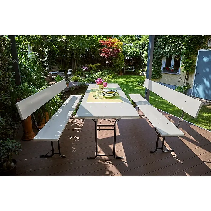 Bierzeltgarnitur - 3 -tlg., Fichte/Stahl, Klappbar, Beige/Grau, Tisch (L x B x H): 220 x 70 x 77 cm, Bank (L x B): 220 x 30 cm - Einladender Gartentisch mit Bänken und frischen Blumen, perfekt für Mahlzeiten im Freien im Grünen.