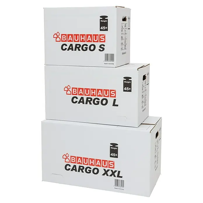 BAUHAUS Caja de embalaje Cargo S - L x An x Al: 50 x 35 x 37 cm, Capacidad de carga: 45 kg - Tres cajas de mudanza blancas Bauhaus Cargo (S, L, XXL) apiladas, con logotipo rojo e indicación de peso.