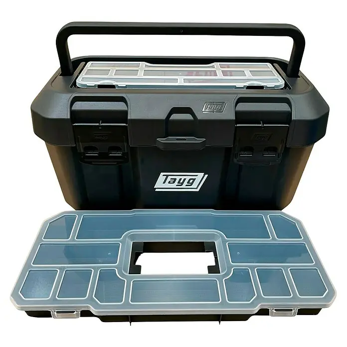 Tayg Caja para herramientas - L x An x Al: 499 x 279 x 254 mm, Negro, 19 l - Vista del producto: Robusta caja de herramientas Tayg negra con asa de transporte e inserto extraíble para un almacenamiento organizado.