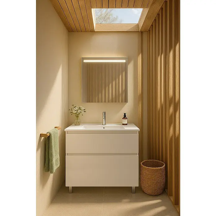 Conjunto de mueble de baño Dal - Blanco, 3 pzs. - Mueble de baño con dos cajones, grifo y espejo iluminado.