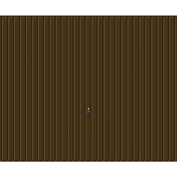 Hörmann Garagentor Berry N80 M902 - 2.625 x 2.125 mm, Terrabraun, Glatt - Braunes Garagentor mit vertikalen Paneelen und zentralem Schloss. Ideal für zusätzlichen Schutz und Privatsphäre.