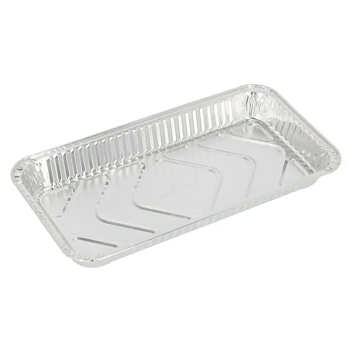 Kingstone Grillschale - 41,7 x 21,8 x 4,5 cm, Aluminium - Aluförmchen: Ein rechteckiges, silberfarbenes Aluförmchen mit geriffeltem Rand, ideal zum Backen und Servieren von Speisen.