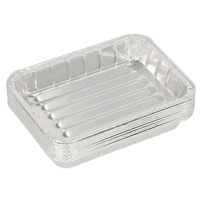 Kingstone Grillschale Cliff - 22,5 x 15,7 x 4,5 cm, Aluminium - Stapel rechteckiger Aluminiumfolienbehälter mit Rillenboden und silberner Oberfläche, ideal für Lebensmittelzubereitung und -lagerung.