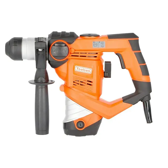 Toolson Kombihammer Pro-BH 900 - 900 W, 3 J, SDS-Plus-Aufnahme - Nahaufnahme eines orangefarbenen Toolson Bohrhammers, der für schwere Bohrarbeiten konzipiert ist. Sein ergonomisches Design gewährleistet Komfort und Kontrolle.