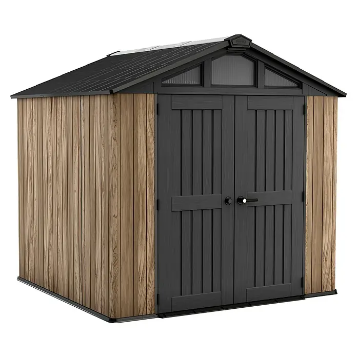 Keter Gerätehaus Stronghold 8x8 - Außenmaß inkl. Dachüberstand (B x T): 248,5 x 248,5 cm, Kunststoff, Eiche/Schwarz - Gartenschuppen mit Holzwänden und grauem Dach.