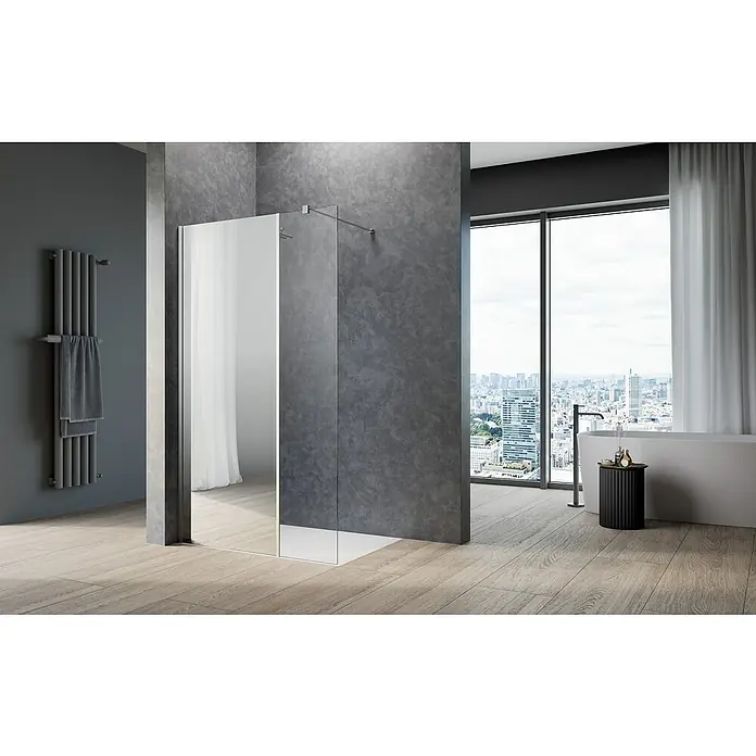 Camargue Meran Mix & Match Duschwand - B x H: 100 x 200 cm, Beschichtet, Silberglanz, B: 570mm Spiegelglas + B: 400mm Klarglas - Ein modernes Badezimmer mit einer begehbaren Dusche mit Glaswand, einem Handtuchwärmer und einem Fenster mit Stadtblick.
