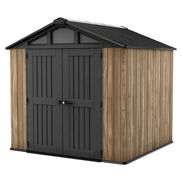 Keter Gerätehaus Stronghold 8x8 - Außenmaß inkl. Dachüberstand (B x T): 248,5 x 248,5 cm, Kunststoff, Eiche/Schwarz - Abbildung eines Gerätehauses mit zwei Türen, grauem Dach und Holzwänden. Es handelt sich um ein typisches Gartenhaus.