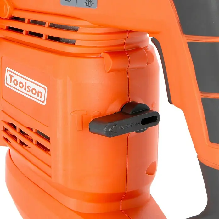 Toolson Kombihammer Pro-BH 900 - 900 W, 3 J, SDS-Plus-Aufnahme - Nahaufnahme einer orangefarbenen Toolson-Kettensäge mit schwarzem Schalter und Firmenlogo.