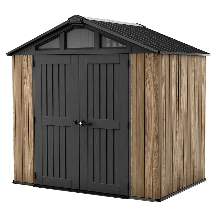 Keter Gerätehaus Stronghold 8x6 - Außenmaß inkl. Dachüberstand (B x T): 248,5 x 248,5 cm, Kunststoff, Eiche/Schwarz - Abbildung eines geräumigen Gerätehauses mit Holzeffektwänden, grauen Türen und einem schwarzen Dach, ideal für die Gartenaufbewahrung.