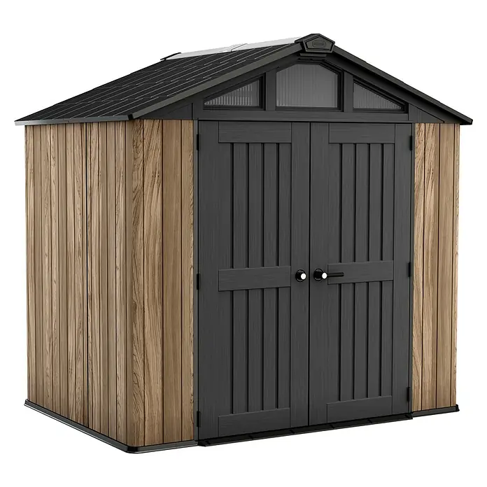 Keter Gerätehaus Stronghold 8x6 - Außenmaß inkl. Dachüberstand (B x T): 248,5 x 248,5 cm, Kunststoff, Eiche/Schwarz - Ein geräumiger Garten Geräteschuppen in Holzoptik mit einer grauen Doppeltür und einem Dachfenster für zusätzlichen Stauraum im Freien.