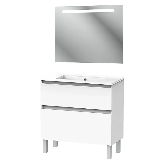 Conjunto de mueble de baño Dal - Blanco, 3 pzs. - Moderno lavabo de baño con mueble bajo blanco y espejo iluminado para un ambiente elegante.