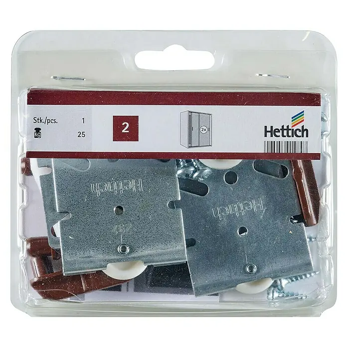 Hettich Montage-Set TopLine 2 - Passend für: 2 Schiebetüren, Traglast: 25 kg - Hettich Schiebetürbeschlag-Set in transparenter Verpackung mit Schrauben, Dübeln und zwei Rollenführungen aus Metall.