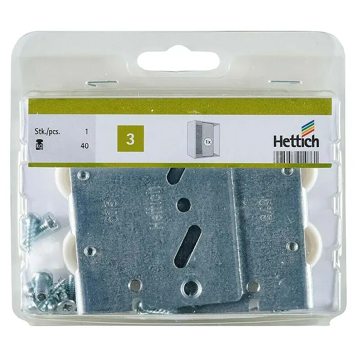 Hettich Montage-Set TopLine 3 - Passend für: 1 Schiebetür, Traglast: 40 kg - Ein verpacktes Set von Hettich Schiebetürbeschlägen, inklusive Rollen und Schrauben, für die Installation von Schiebetüren.