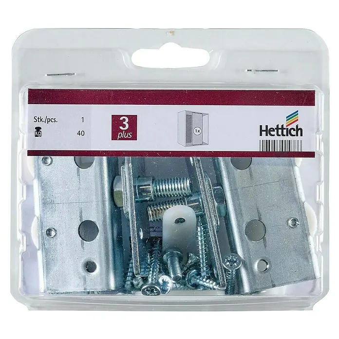 Hettich Montage-Set TopLine 3plus - Passend für: 1 Schiebetür, Traglast: 40 kg - Hettich Schiebetürbeschlag "3 Plus", bestehend aus Metallbeschlägen, Schrauben und Zubehör, verpackt in transparenter Kunststoffverpackung.