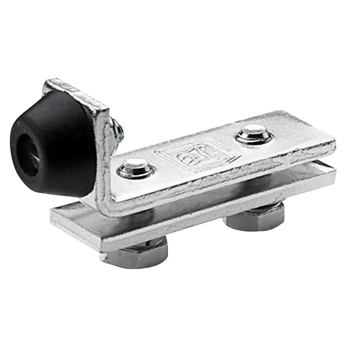 Hettich Schienenstopper LN-15d - Passend für: Hettich XXL-Torbeschlag-System LN-15 - Nahaufnahme eines Türstoppers aus Metall mit schwarzem Gummipuffer, der Stöße abfängt und die Wand vor Beschädigungen schützt.