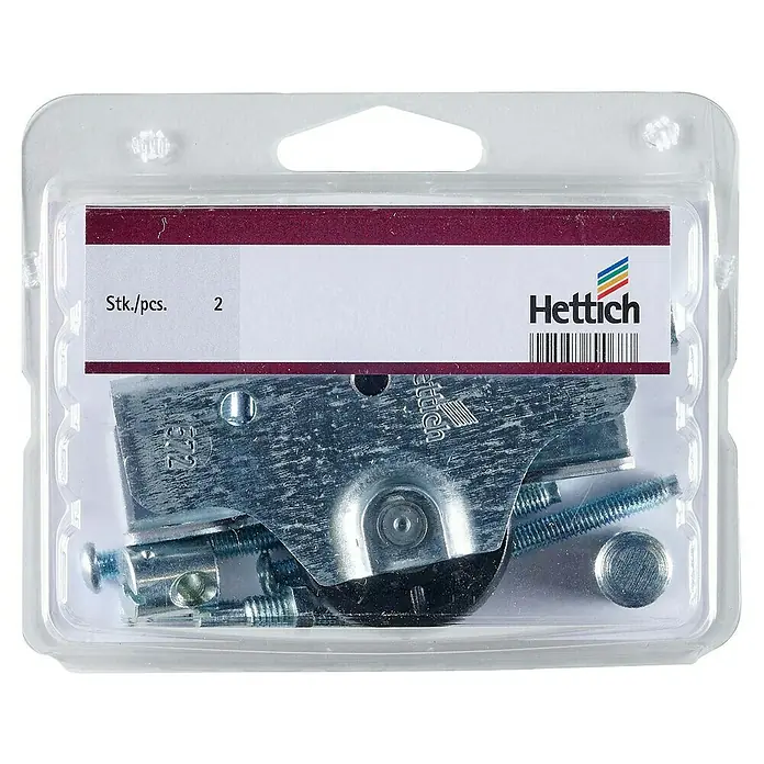 Hettich Rollapparat Universal - Traglast: 50 kg, Passend für: Obenlaufende Schiebesysteme, 2 Stk. - Eine Hettich-Verpackung mit zwei Rollwagen für Möbel, inklusive Schrauben und Zubehör, präsentiert in einer transparenten Kunststoffverpackung.