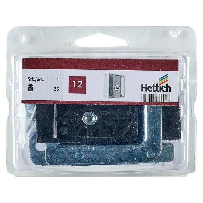 Hettich Montage-Set SlideLine 12 - Passend für: 1 Schiebetür, Traglast: 25 kg - Nahaufnahme einer Hettich-Möbelbefestigung in einer transparenten Verpackung.
