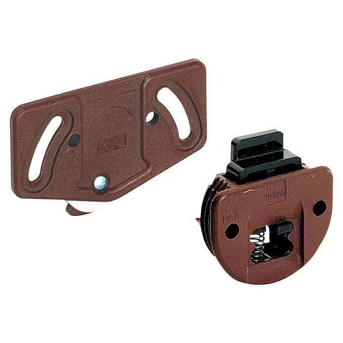 Hettich Montage-Set SlideLine 1plus - Passend für: 1 Schiebetür, Traglast: 30 kg - Ansicht zweier Möbelverbinder von Hettich, einer rechteckig und einer rund, beide in brauner Farbe, für Möbelmontage.