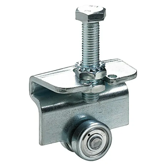 Hettich Rollapparat LN-15a - Einpaarig, Traglast: 100 kg, Passend für: Hettich XXL-Torbeschlag-System LN-15 - Das Bild zeigt eine Türrollenaufhängung. Die Rollenaufhängung besteht aus Metall und hat eine Gewindestange mit einer Mutter und einer Sicherungsscheibe.