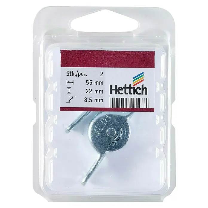 Hettich Laufrolle - 9 x 55 mm, Traglast: 15 kg, Passend für: Untenlaufende Schiebesysteme, 2 Stk. - Hettich Zugfeder im Blisterpack. Das Set beinhaltet zwei Zugfedern, mit Abmessungen von 55 mm Länge, 22 mm Höhe und 8,5 mm Durchmesser.