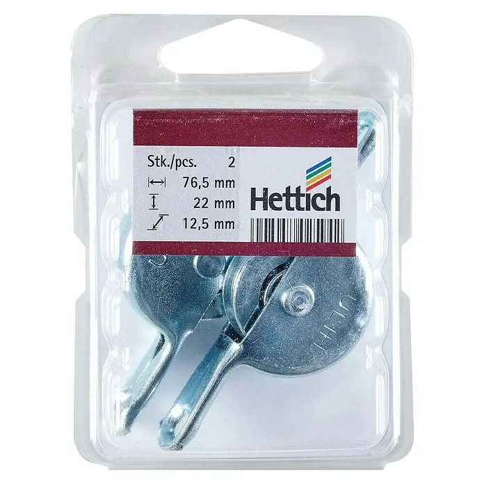 Hettich Laufrolle - 13 x 76 mm, Traglast: 15 kg, Passend für: Untenlaufende Schiebesysteme, 2 Stk. - Eine Verpackung mit zwei Hettich Möbelriegel, ideal für die Möbelmontage und Reparaturen. Die Riegel sind aus Metall und haben eine silberne Farbe.