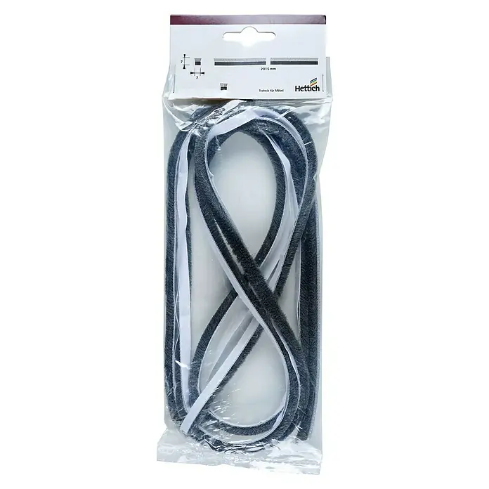 Hettich Dichtungsbürste - 2.015 x 7 x 7 mm, Passend für: Schiebetüren - Abbildung einer Hettich Bürstendichtung in einer transparenten Verpackung, die zum Abdichten von Möbeln verwendet wird.