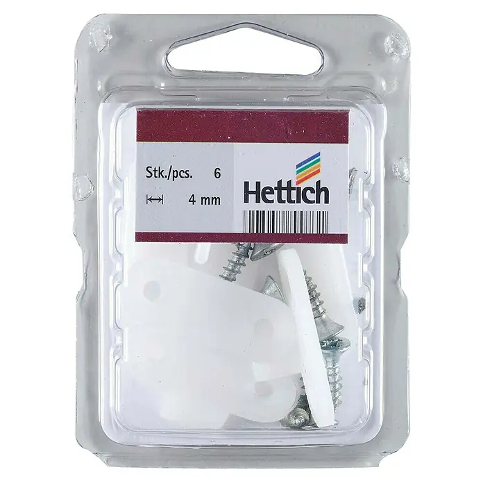 Hettich Bodenführung - Passend für: Genutete Holztüren mit 4 mm Fräsung an der Unterkante, 6 Stk. - Eine Packung Hettich Möbelbefestigungsschrauben und Dübel, 6 Stück, 4 mm, zur sicheren Montage von Möbeln.
