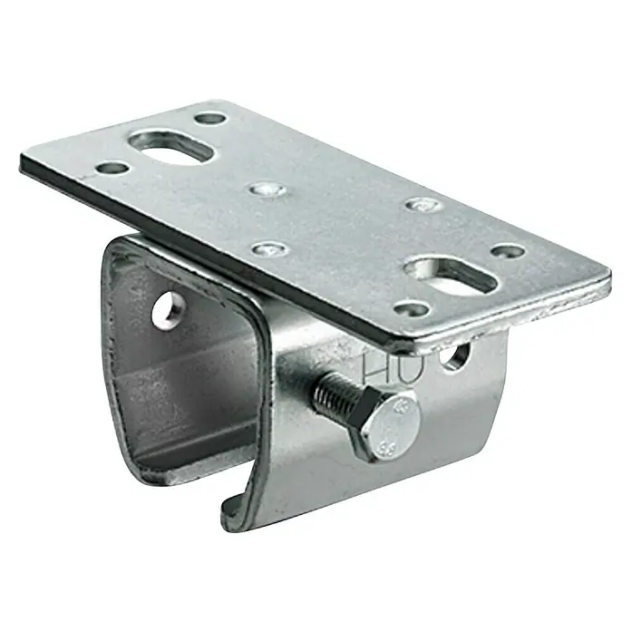Hettich Deckenmuffe LN-15h - Passend für: Hettich XXL-Torbeschlag-System LN-15 - Detailaufnahme einer Halterung aus Metall mit rechteckiger Platte und U-förmiger Basis, fixiert durch eine Schraube, isoliert auf Schwarz.