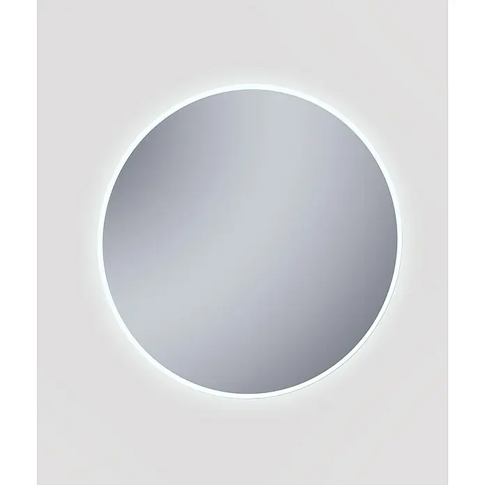 Espejo con luz Elegant - Diámetro: 80 cm, Blanco frío - Imagen de un espejo redondo con retroiluminación LED en una pared clara. El espejo proporciona un ambiente moderno y luminoso a la habitación.